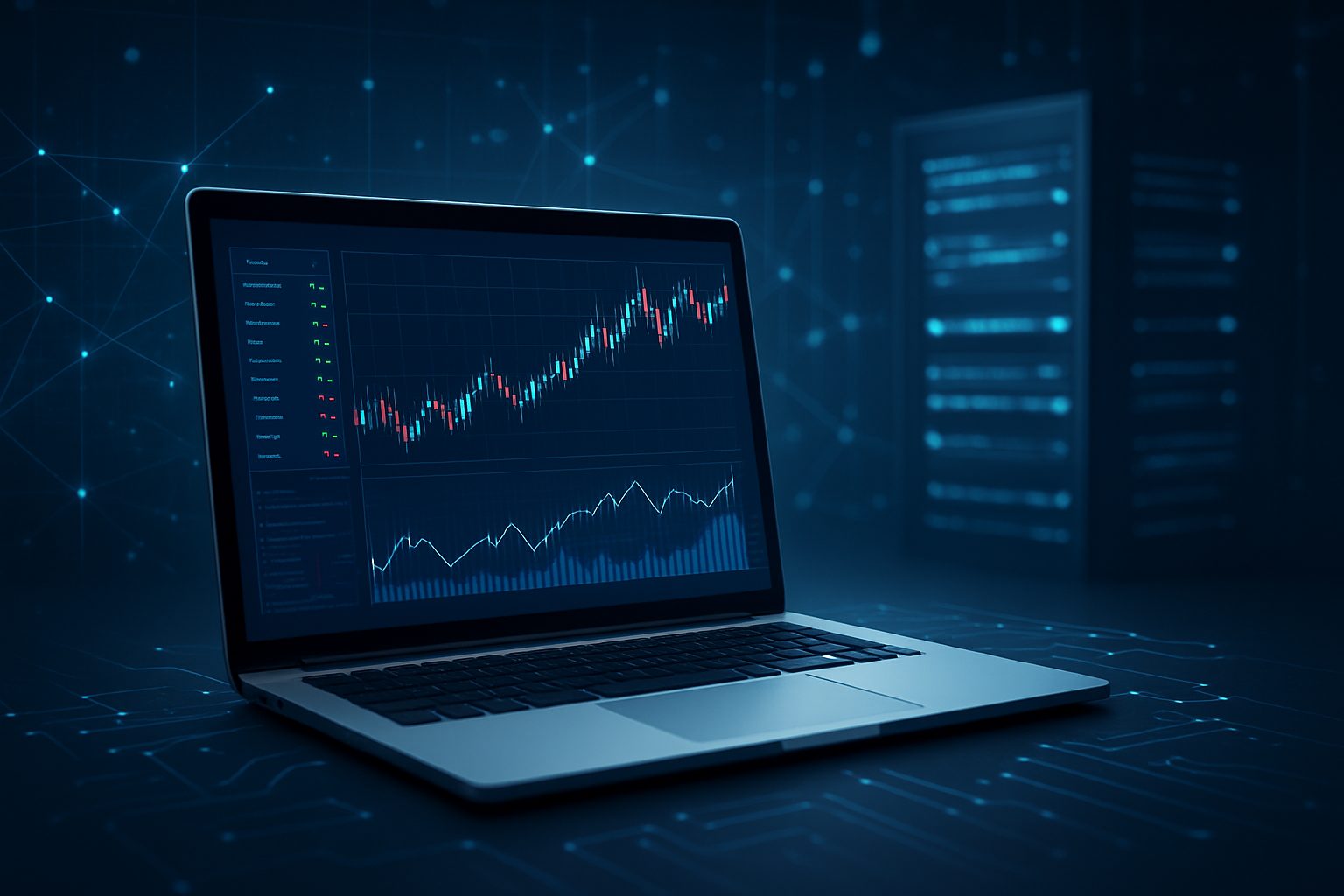 A laptop displaying financial graphs on a dark, technological background.