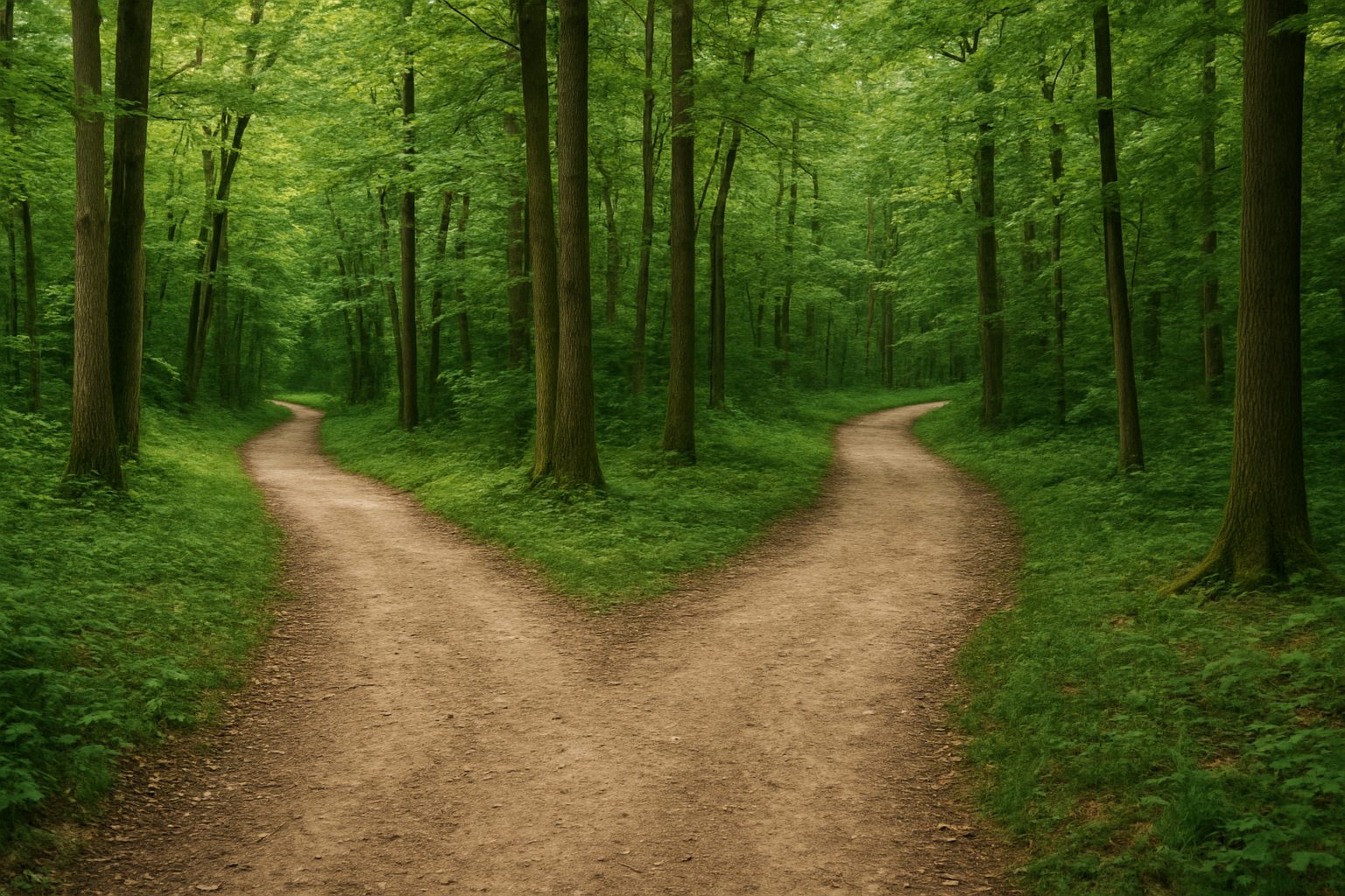 Two diverging paths in a green forest