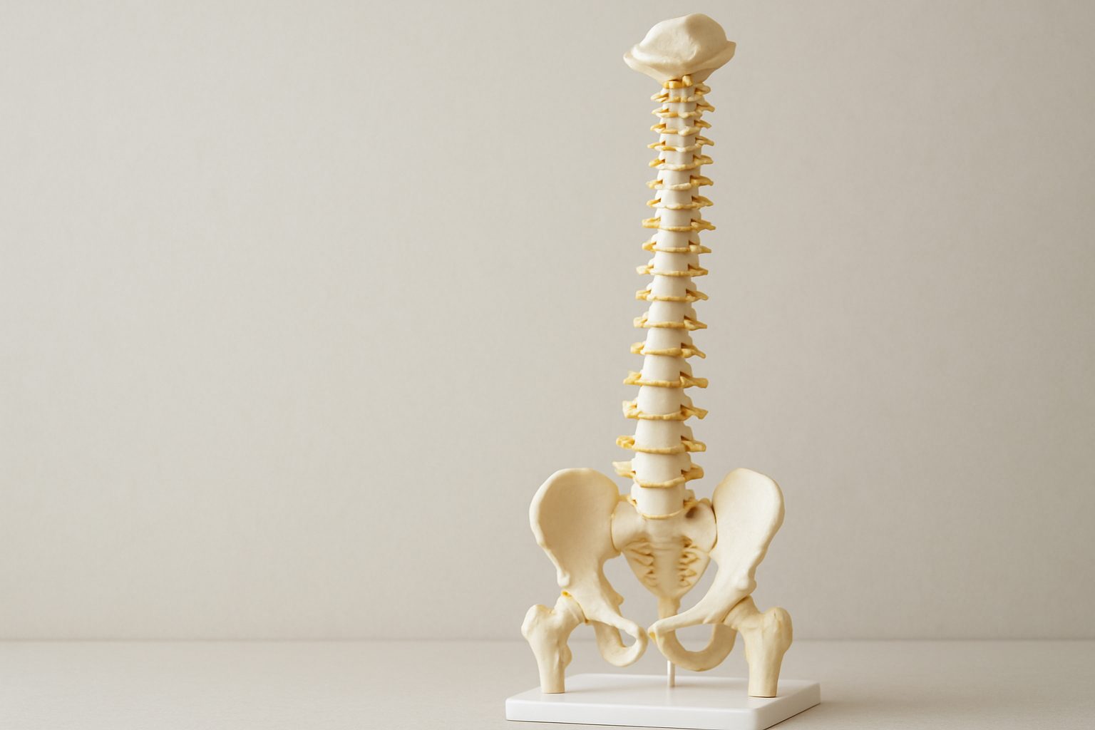 A detailed anatomical model of a human spine and pelvis on a neutral background.