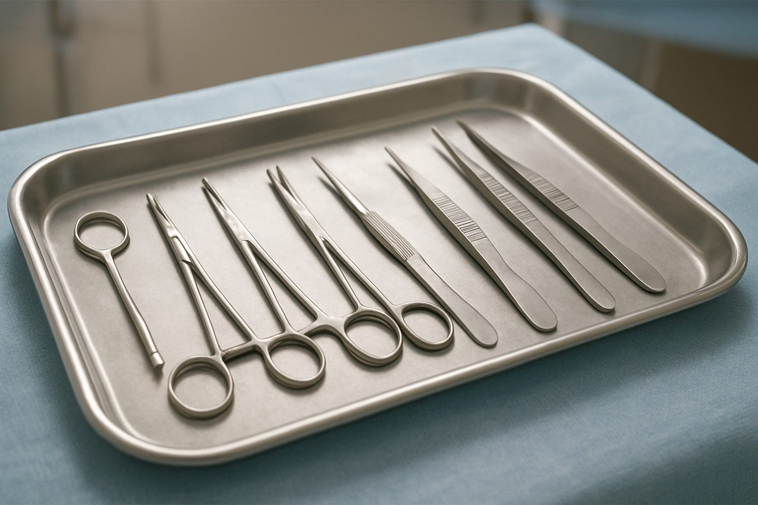 A stainless steel tray with various surgical instruments arranged neatly on a blue surface